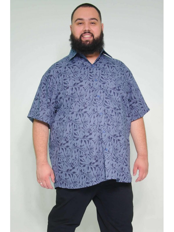 Camisa Social Manga Curta Plus Size Floral Azul