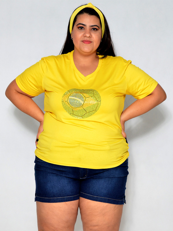 Camiseta Feminina Brasil Strass Bola Amarela