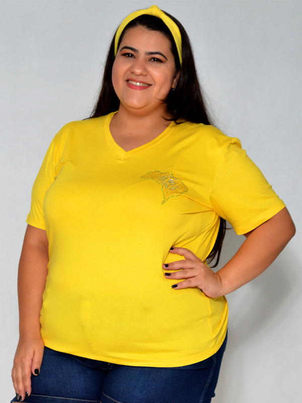 Camiseta Feminina Brasil Strass Mapa Amarela